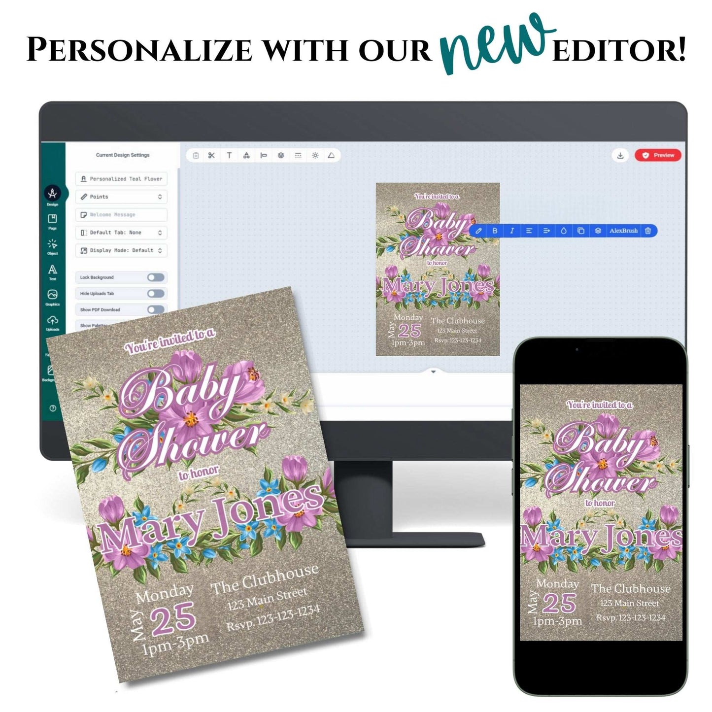 Baby shower invitation design on a computer screen, phone, and paper with text 'Personalize with our new editor'.