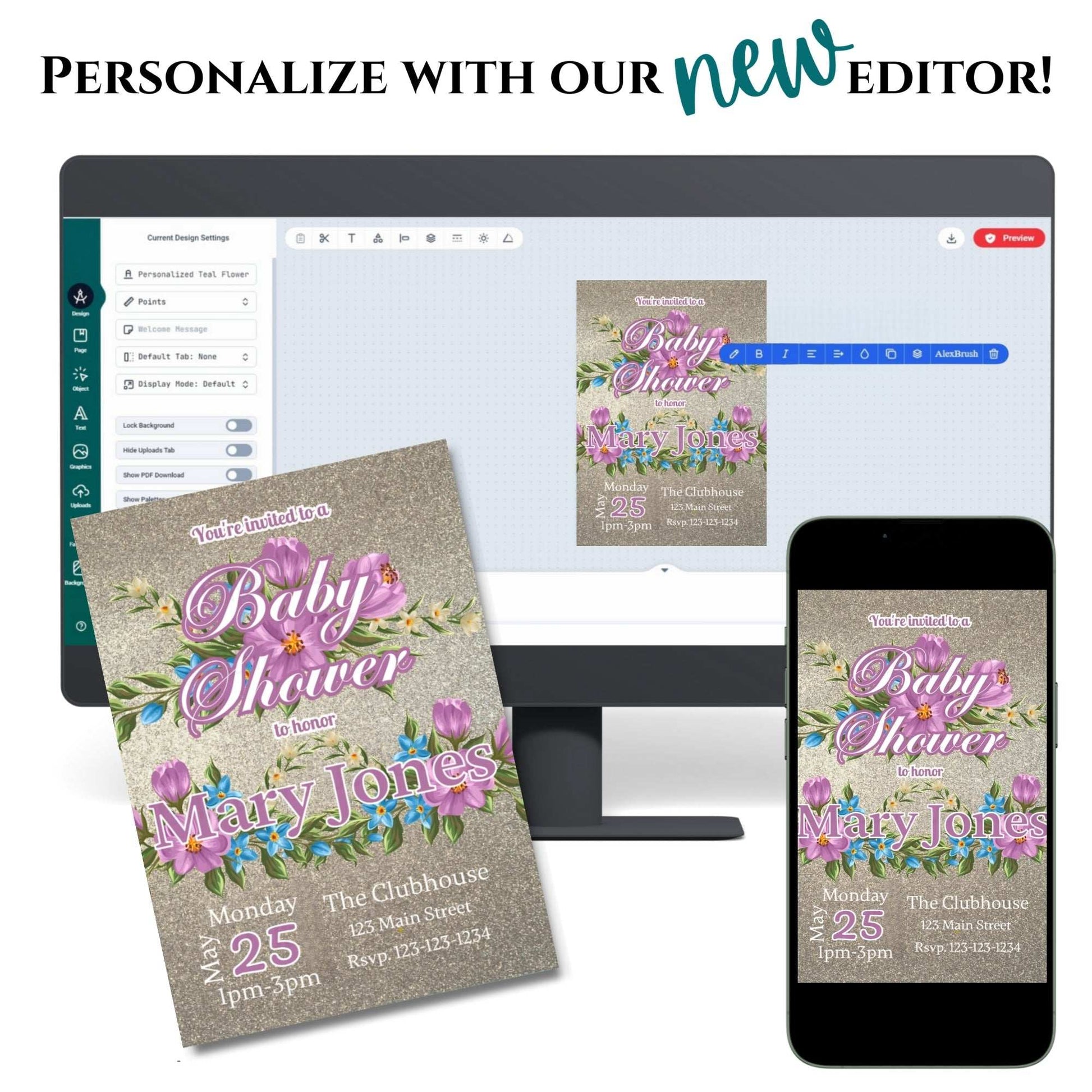 Baby shower invitation design on a computer screen, phone, and paper with text 'Personalize with our new editor'.