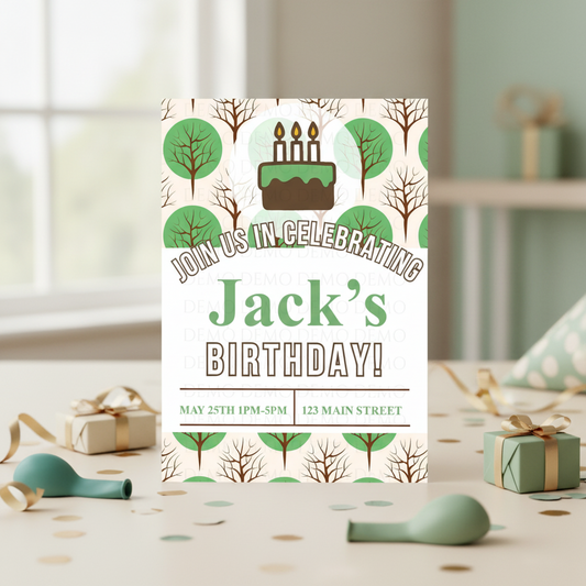 Birthday invitation card for Jack with cake and candles design on a table with party decorations.