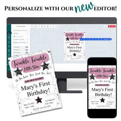 Personalized Twinkle Little Star Birthday Invitation | Pink