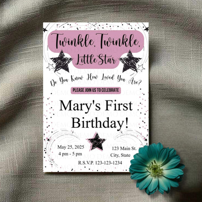 Personalized Twinkle Little Star Birthday Invitation | Pink