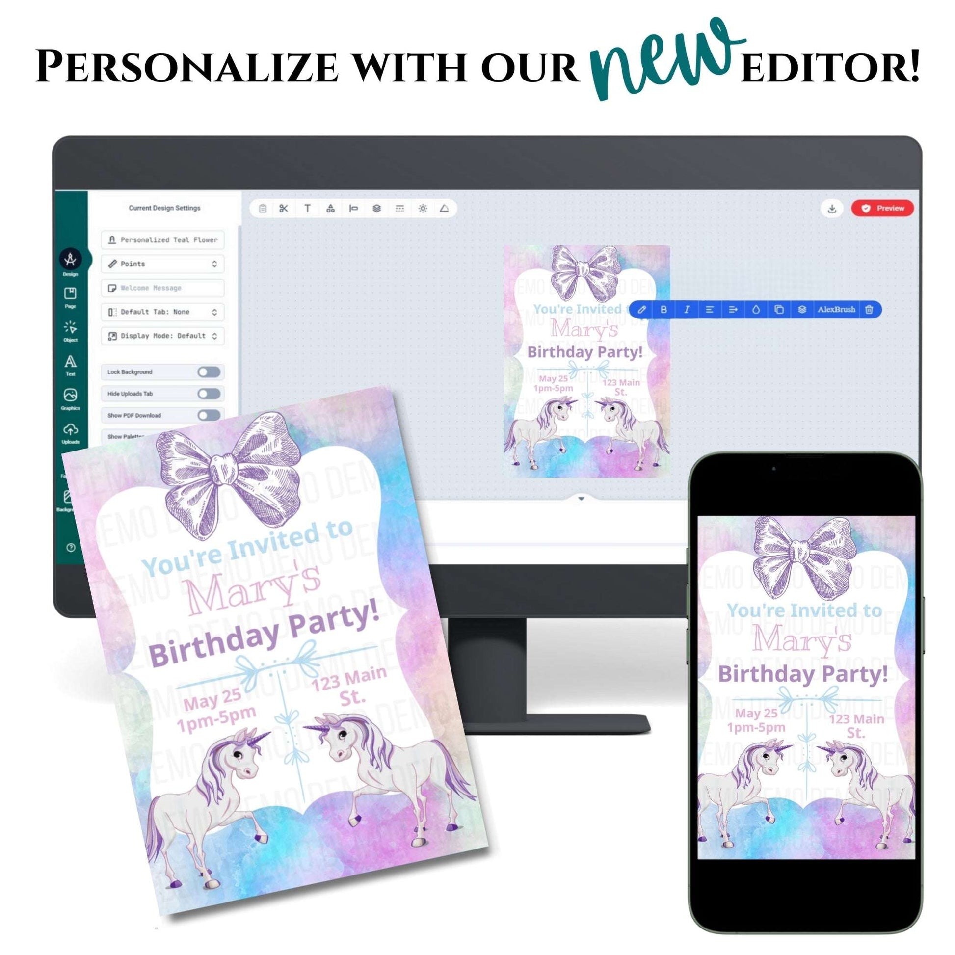 Unicorn-themed birthday party invitation on a computer screen with smartphone display.