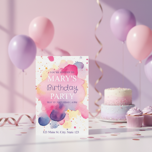Personalized Watercolor Splatter Birthday Invitation – Editable Template