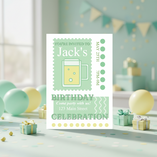 Birthday invitation card with a drink graphic on a festive background with balloons and decorations.