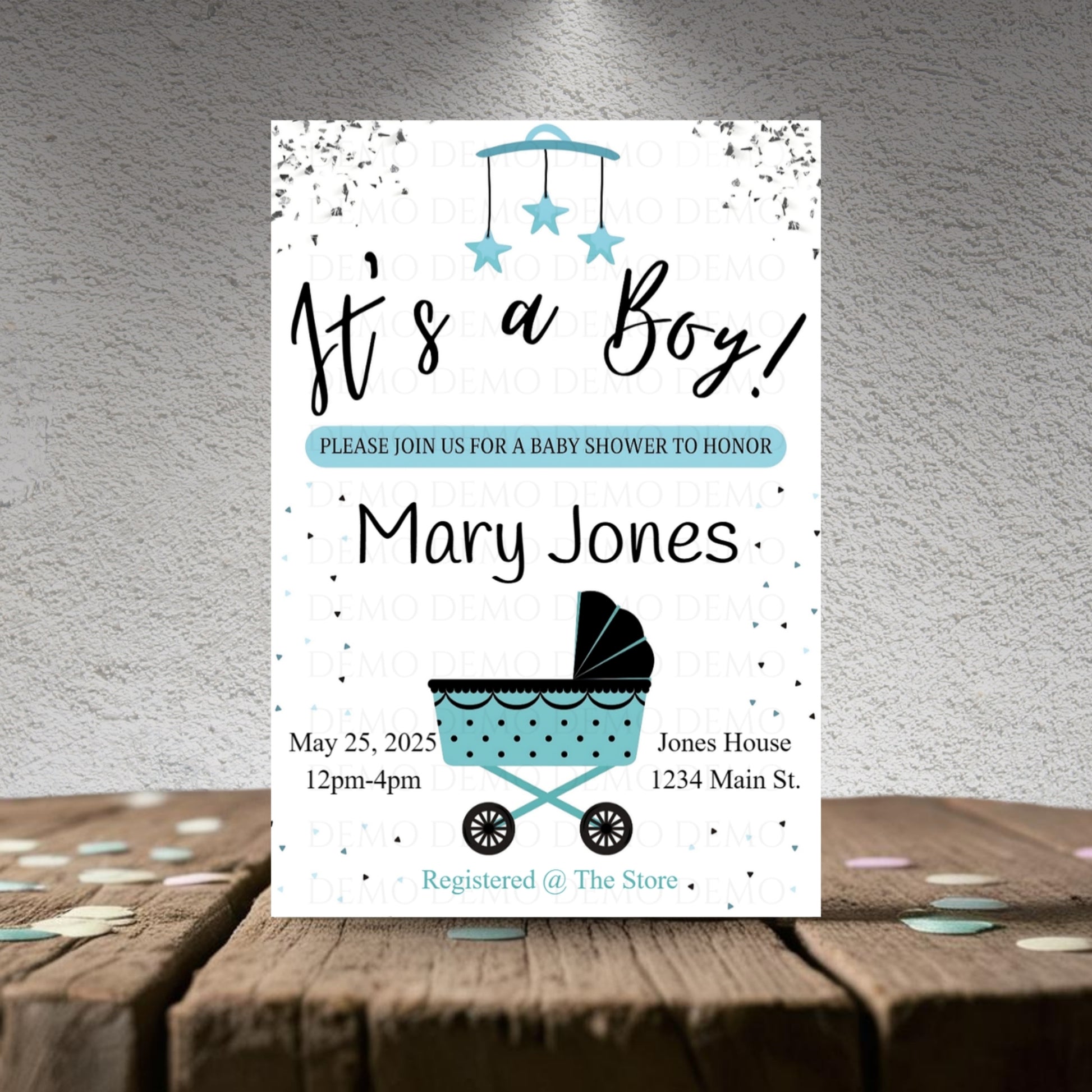 Personalized Boy Buggy Baby Shower Invite