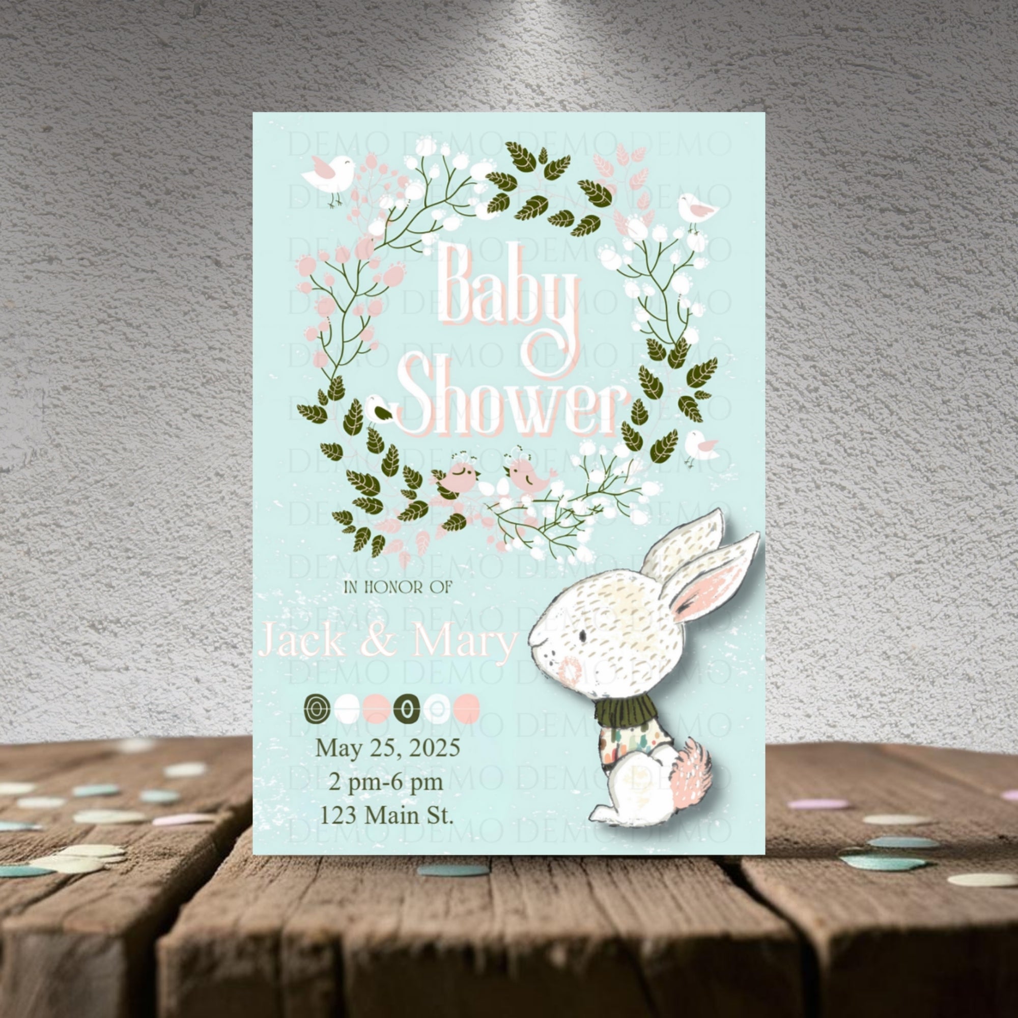 Personalized Floral Wreath Bunny Baby Shower Invite