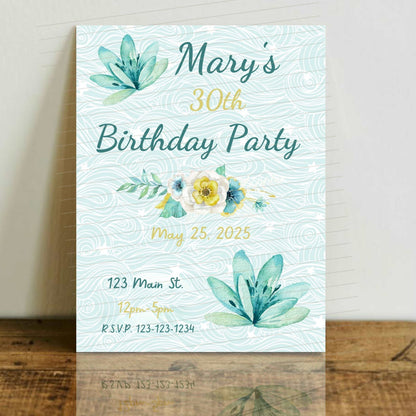Personalized Teal Flower Milestone Birthday Invitation