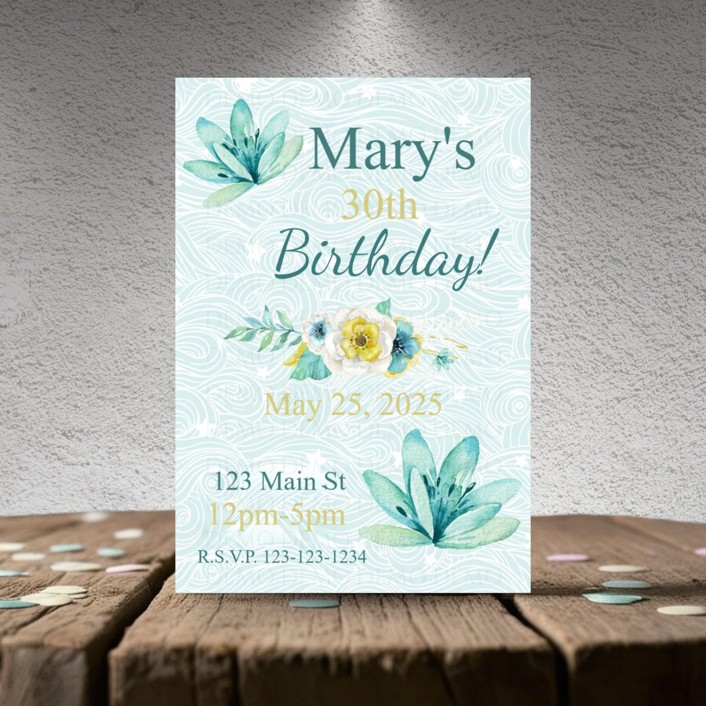 Personalized Teal Flower Milestone Birthday Invitation