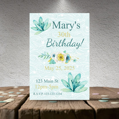 Personalized Teal Flower Milestone Birthday Invitation