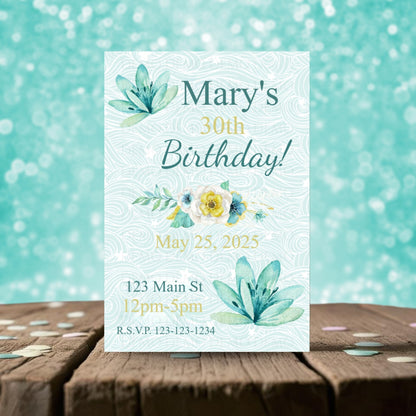 Personalized Teal Flower Milestone Birthday Invitation
