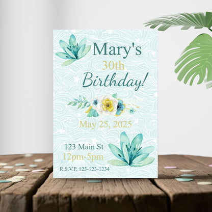 Personalized Teal Flower Milestone Birthday Invitation