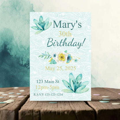 Personalized Teal Flower Milestone Birthday Invitation
