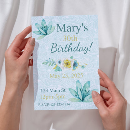Personalized Teal Flower Milestone Birthday Invitation