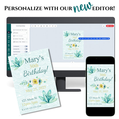 Personalized Teal Flower Milestone Birthday Invitation