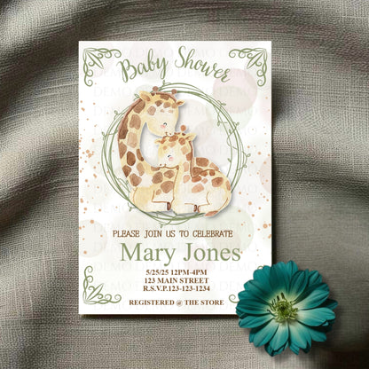Personalized Watercolor Giraffe Baby Shower Invitation
