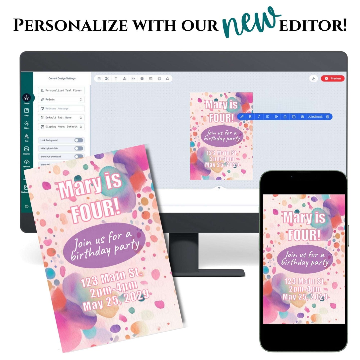 Birthday party invitation on a computer screen, phone, and paper with text 'Personalize with our new editor!'.