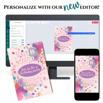 Birthday party invitation on a computer screen, phone, and paper with text 'Personalize with our new editor!'.