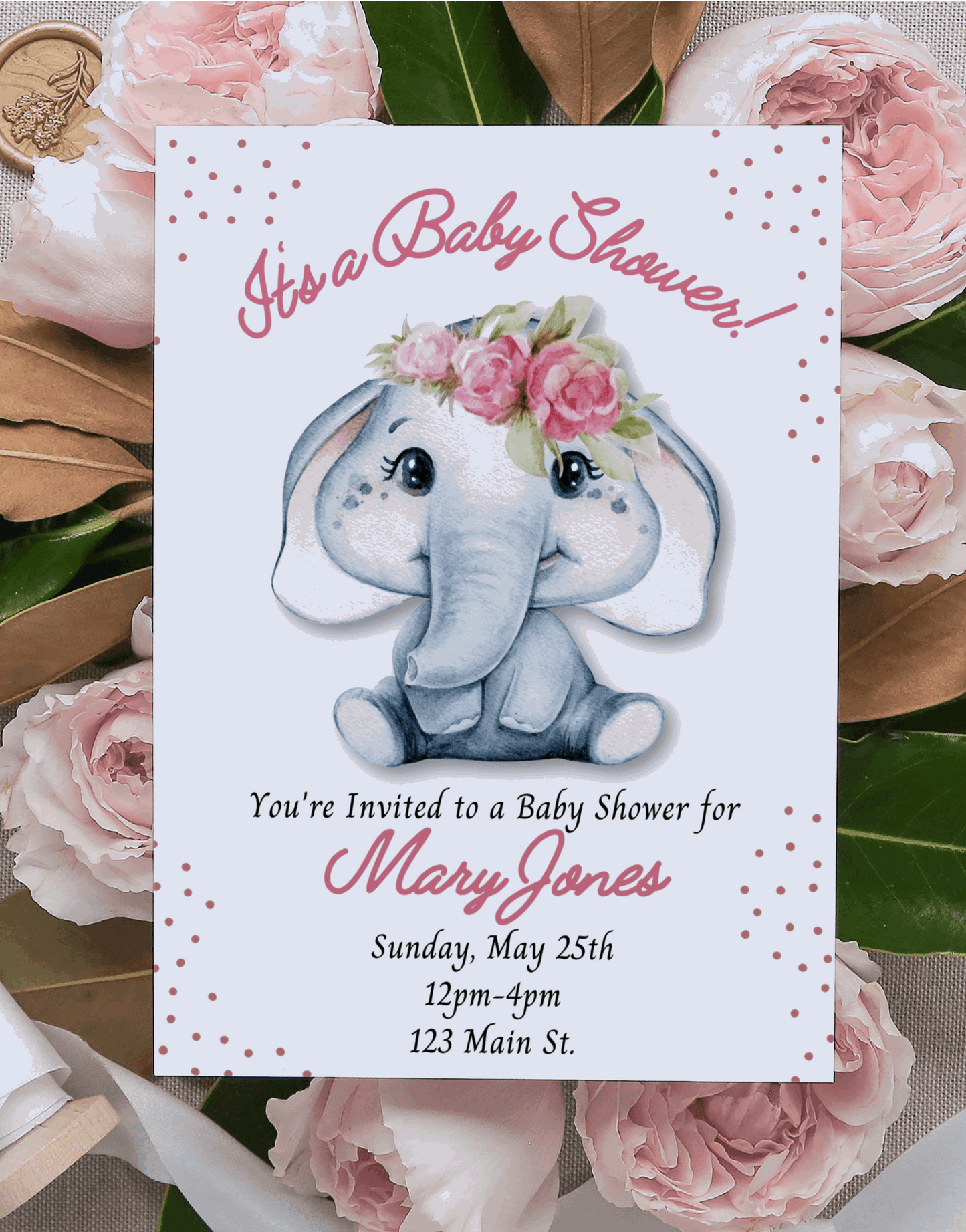 Personalized Girl Elephant Baby Shower Invitation