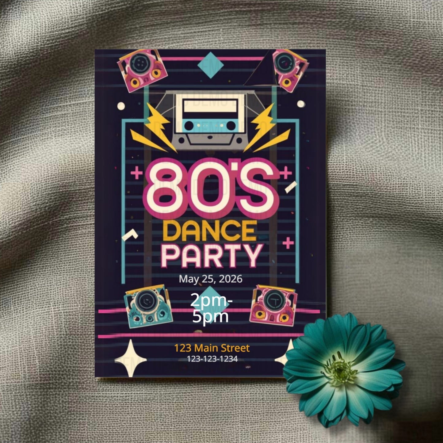 80s dance party flyer with retro design elements on a textured surface with a flower.