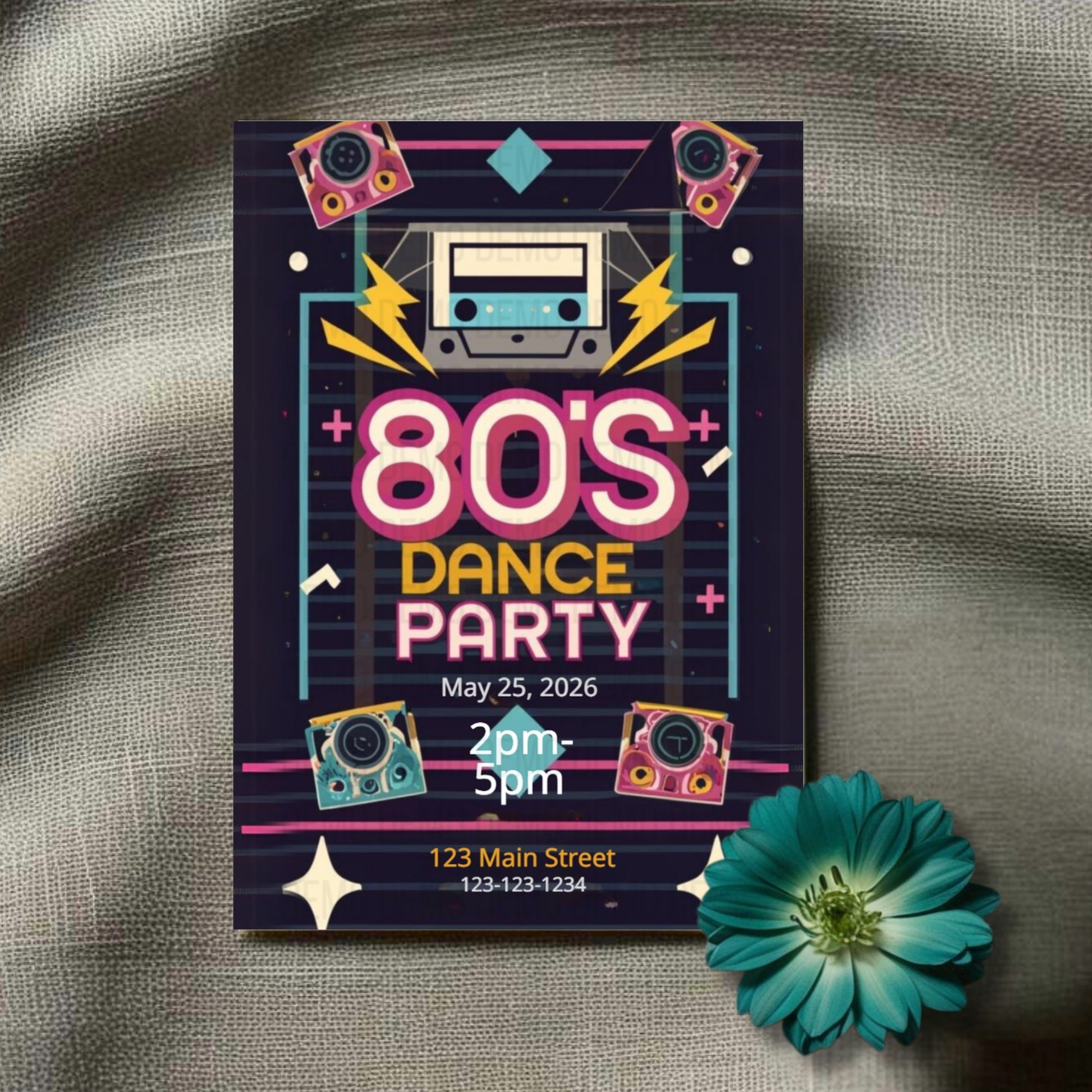 80s dance party flyer with retro design elements on a textured surface with a flower.