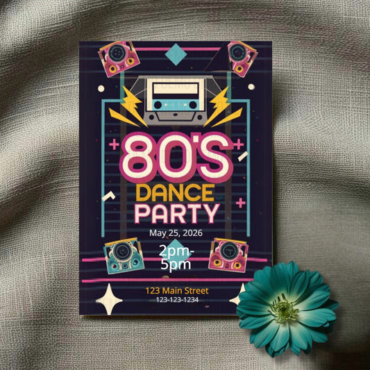 80s dance party flyer with retro design elements on a textured surface with a flower.