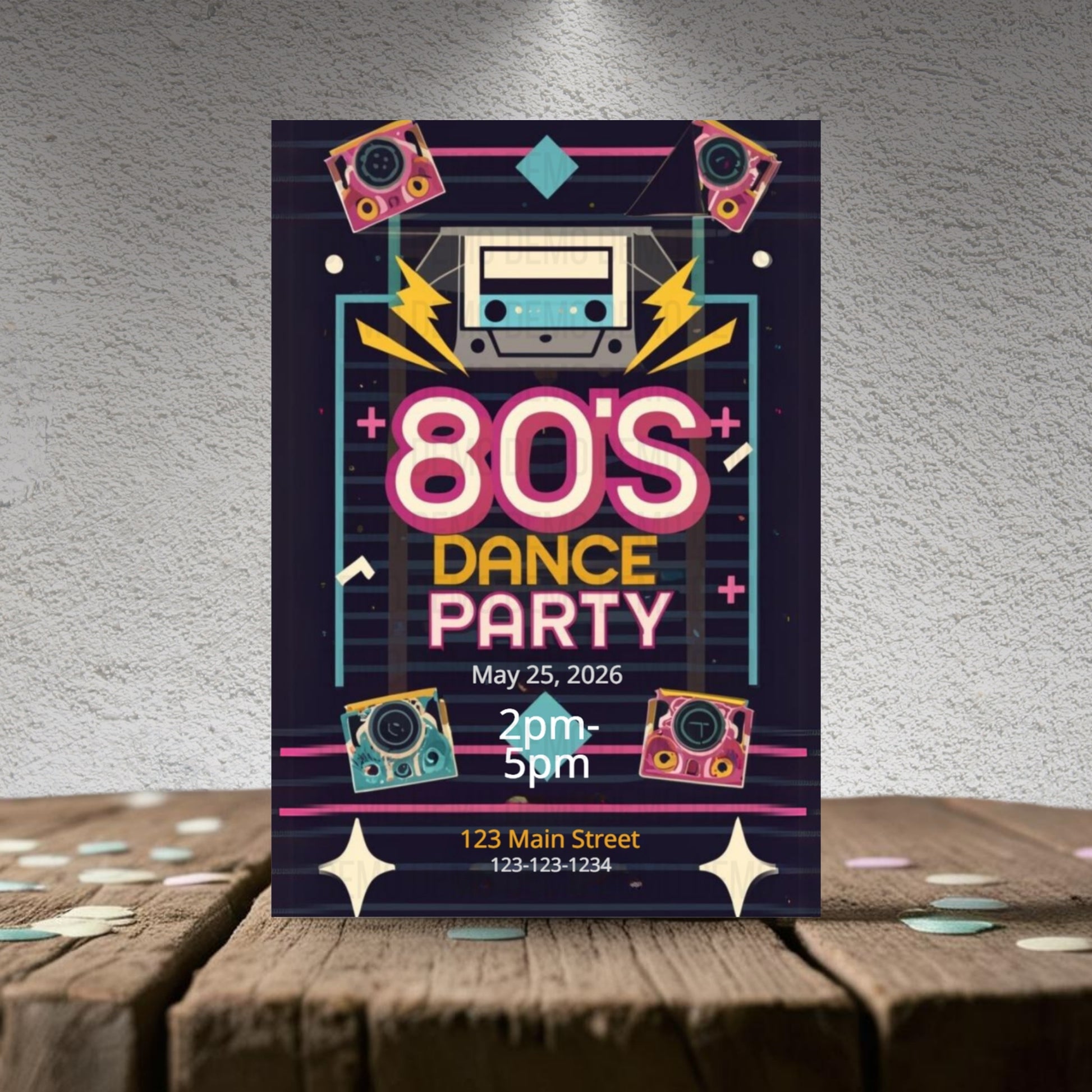 80s dance party poster on a wooden surface with a textured wall background