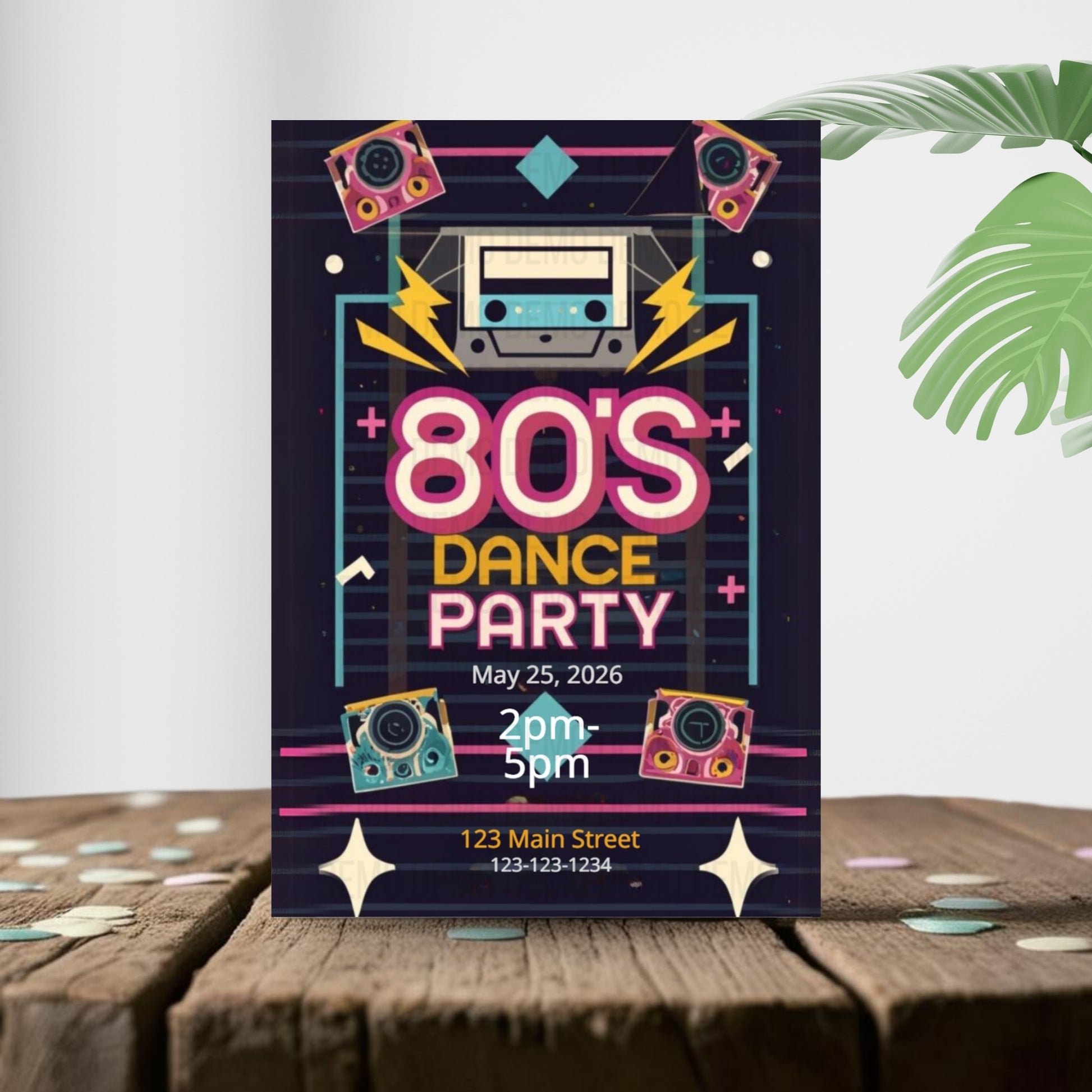 80s Dance Party poster on a wooden surface with a plant in the background