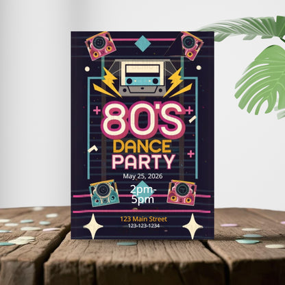 80s Dance Party poster on a wooden surface with a plant in the background