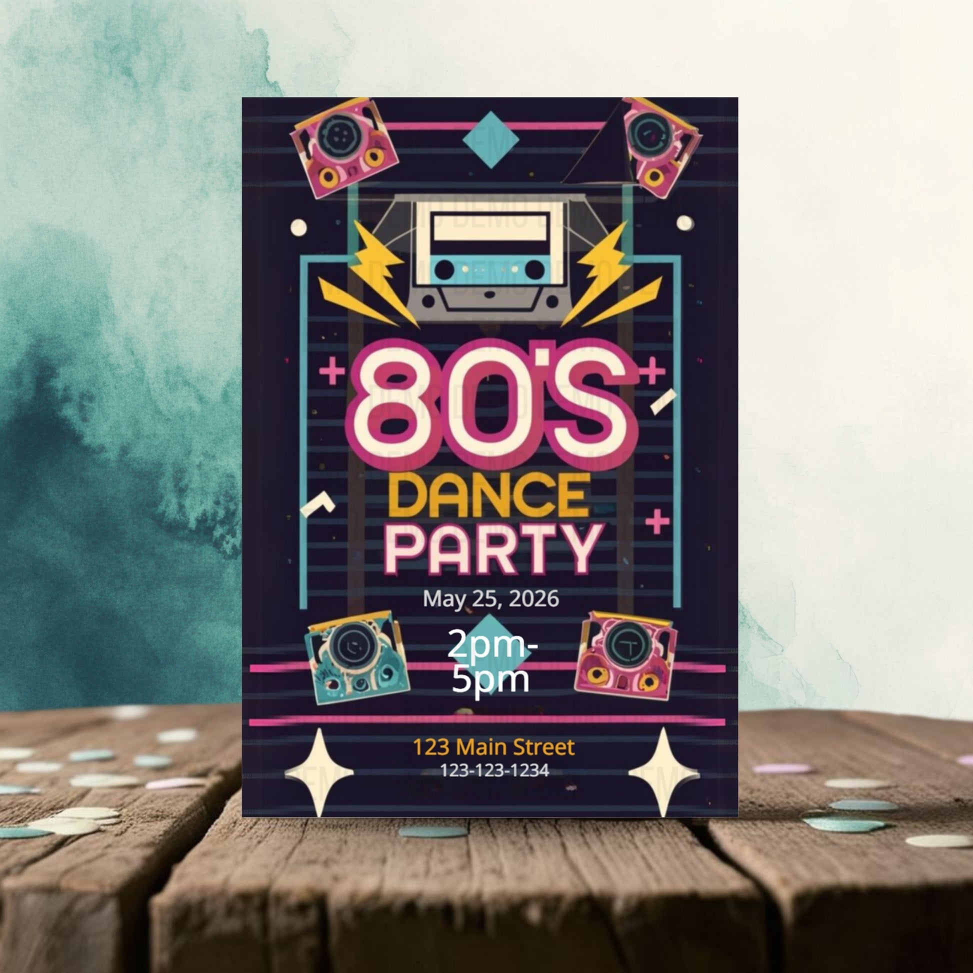 80s Dance Party poster with retro design elements on a wooden surface.
