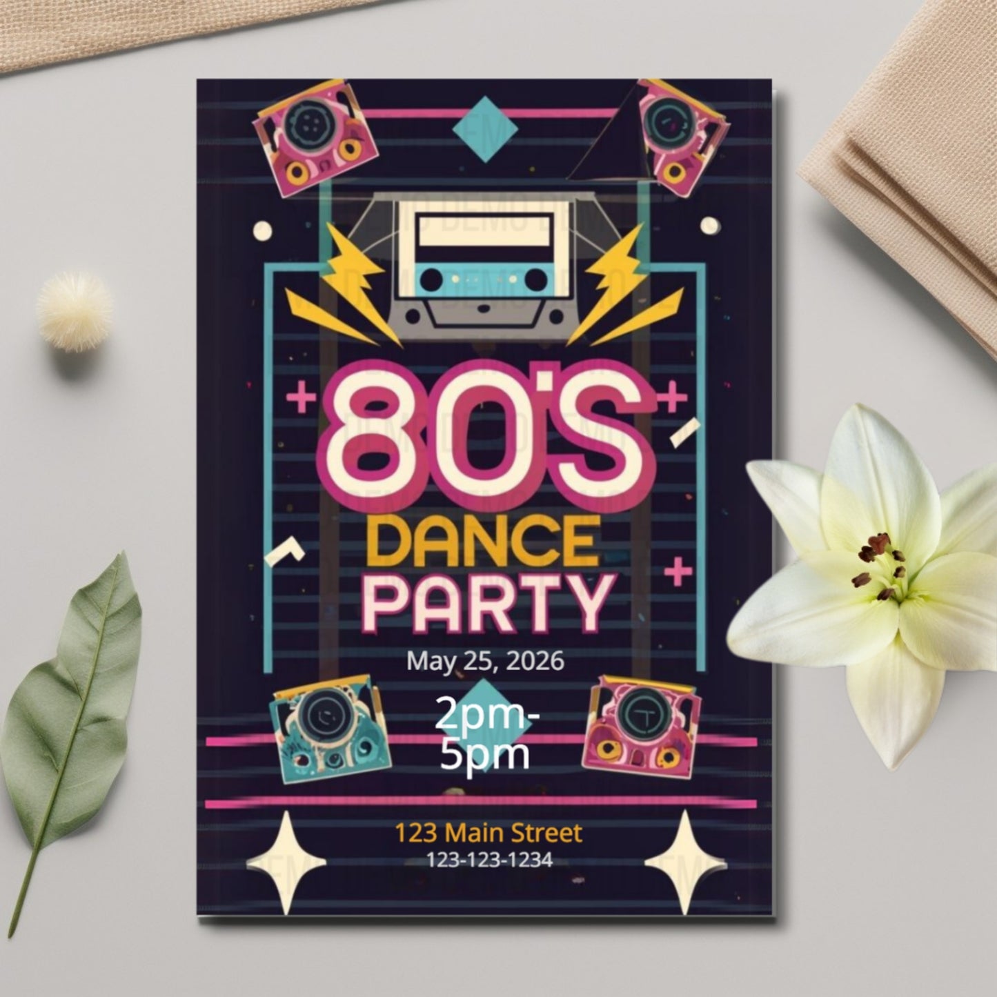 80s Dance Party flyer with retro design elements on a light gray surface.
