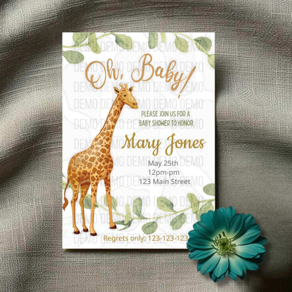 Rustic Chic Baby Shower Invitation with Giraffe and Greenery – Personalized Invite