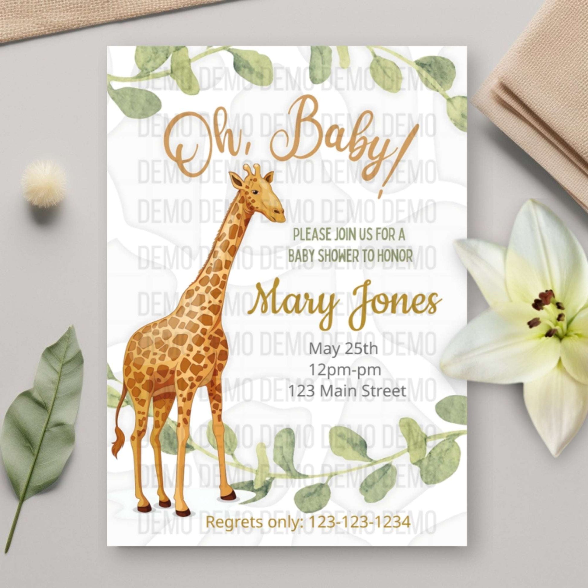 Rustic Chic Baby Shower Invitation with Giraffe and Greenery – Personalized Invite