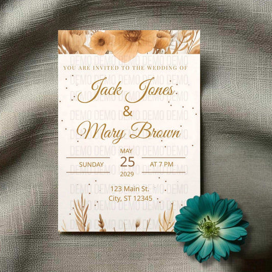 Wedding invitation card with floral design on a textured surface with a blue flower.