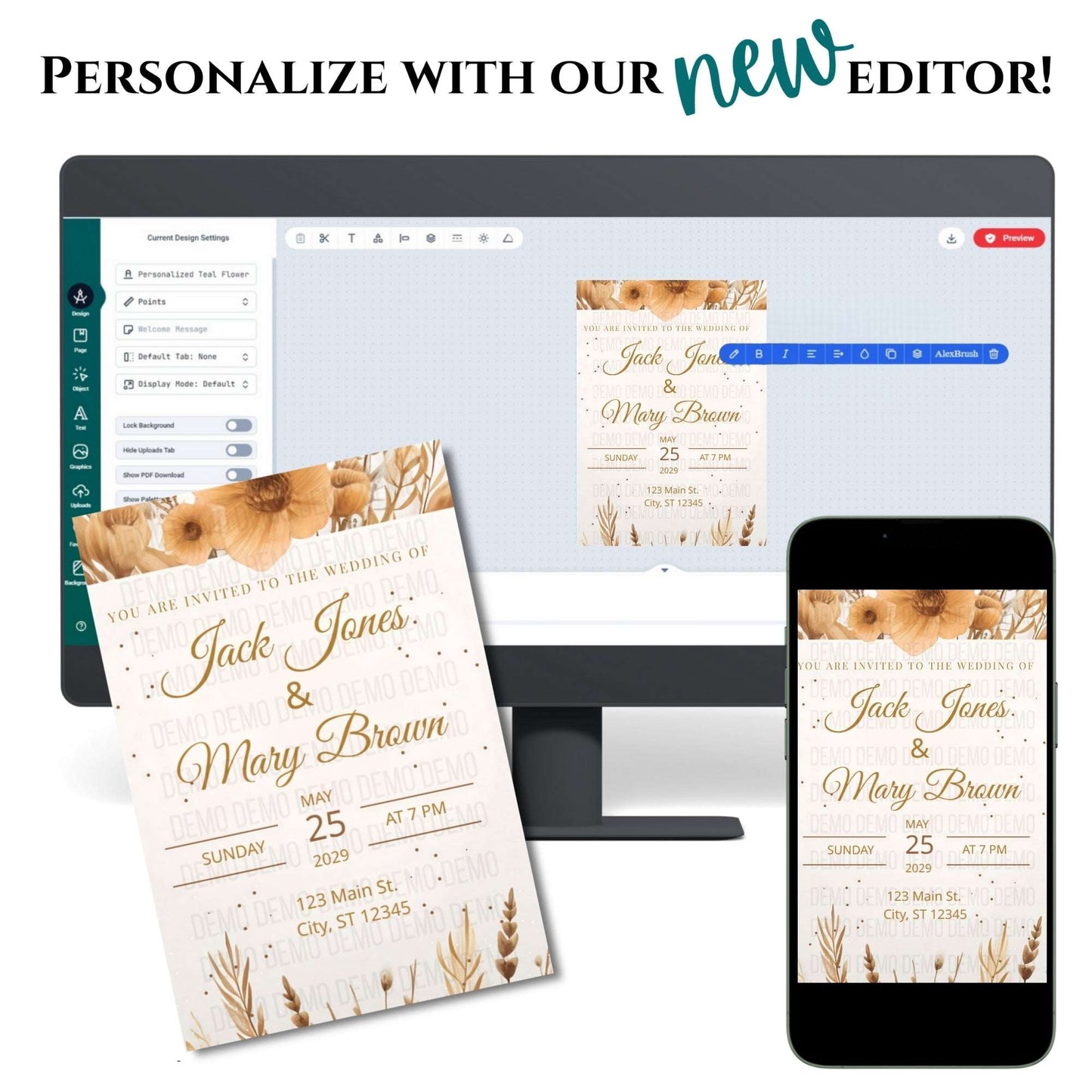 Wedding invitation on a computer screen, phone, and paper with text 'Personalize with our new editor'.