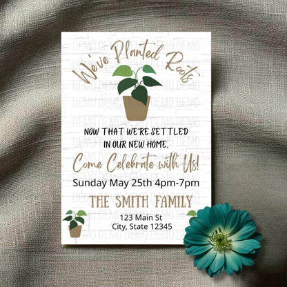 Invitation card for a new home celebration with plant-themed design on a textured surface.