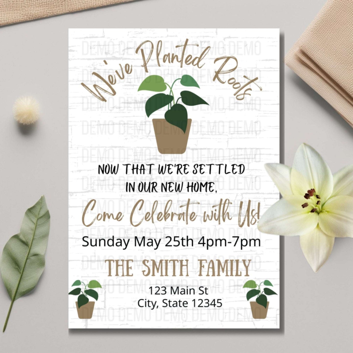 Invitation card for a housewarming party with potted plant graphics and text.
