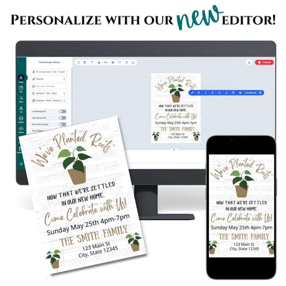 New editor for personalizing invitations displayed on a computer and phone screen.