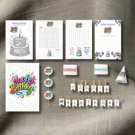 Collection of birthday-themed printables and decorations on a textured surface