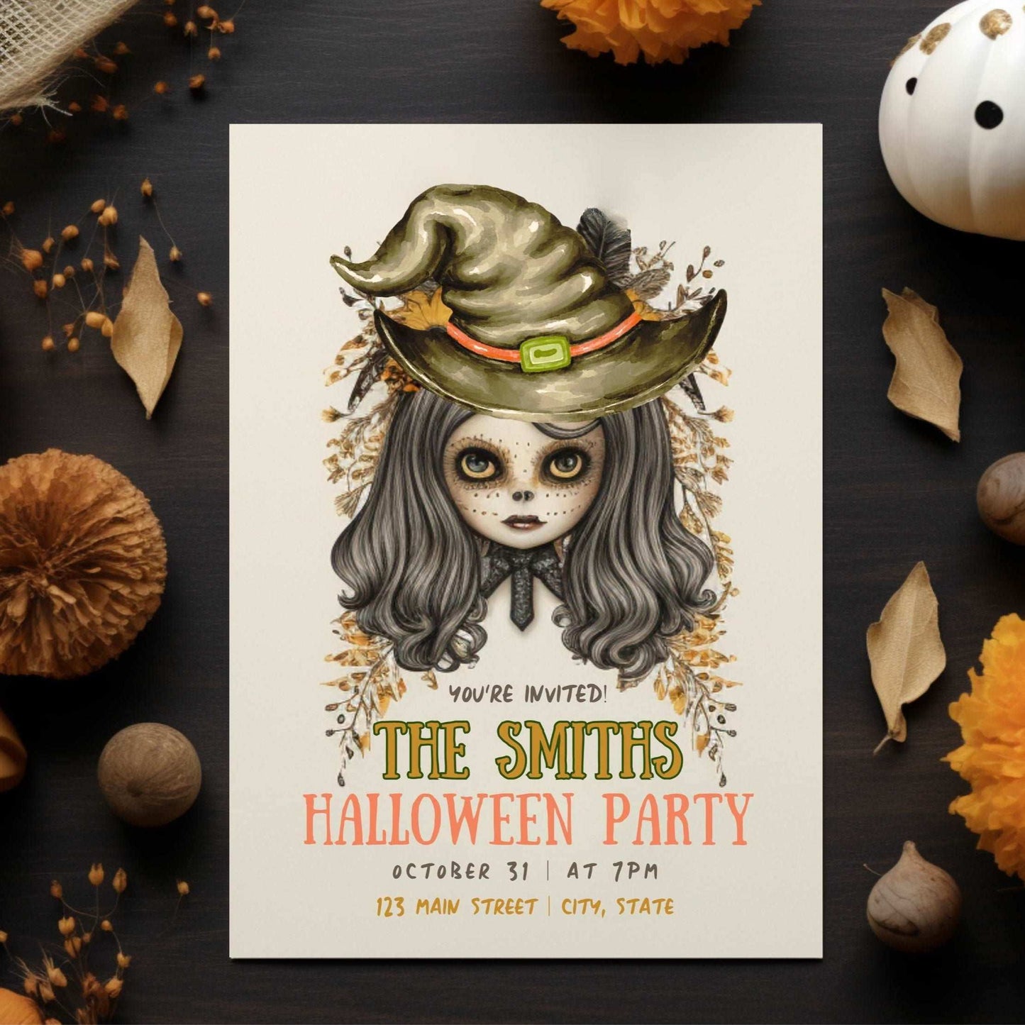 Scary Girl Witch Halloween Invite
