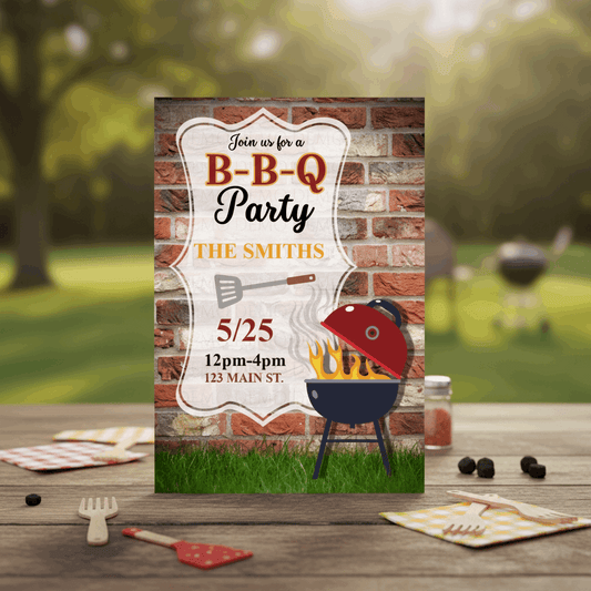 Barbecue party invitation with grill graphic on a wooden table outdoors