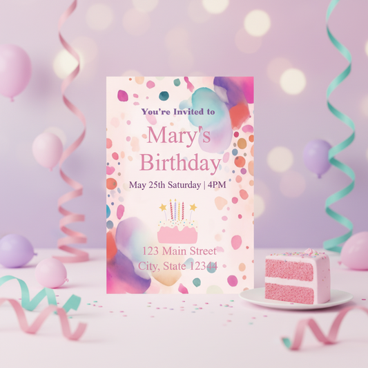 Birthday invitation card with colorful balloons and a slice of cake on a decorative background.