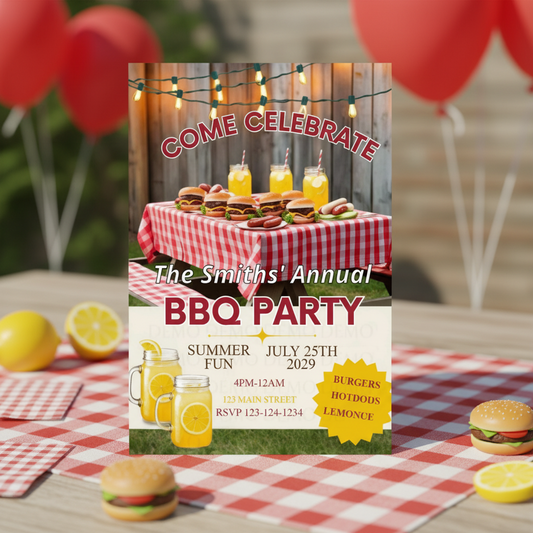 Invitation card for a BBQ party with burgers, lemonade, and balloons.