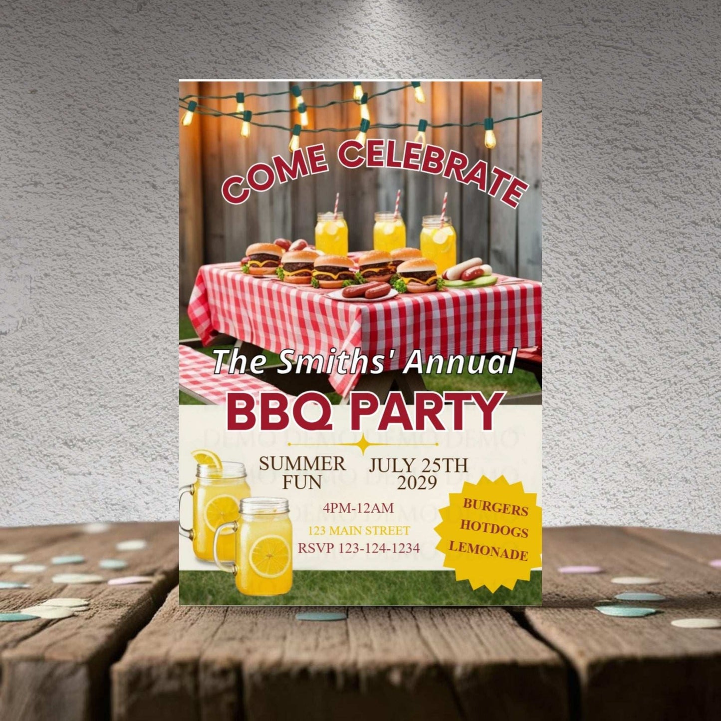 Invitation card for a BBQ party with food and drinks on a table, set against a textured wall.