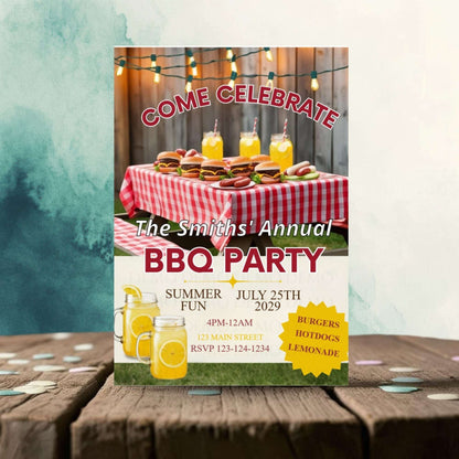 Invitation to a BBQ party with food and drinks on a tablecloth, set against a wooden background.