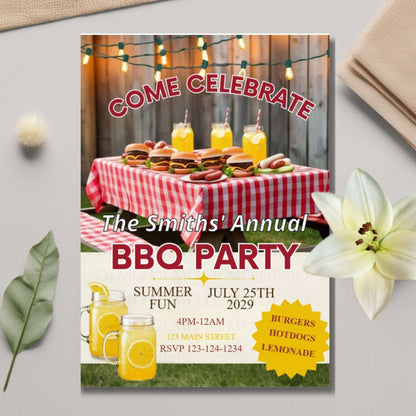 Invitation card for The Smiths' Annual BBQ Party with food and drink graphics.