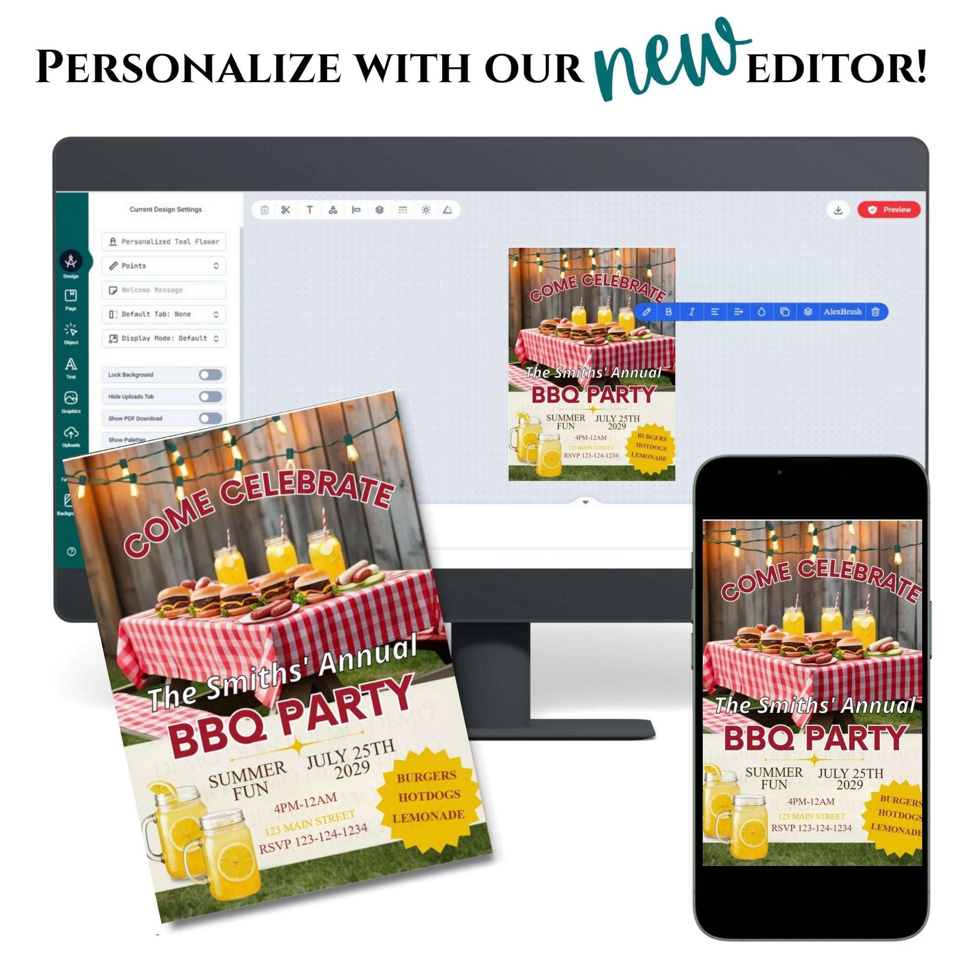 Digital invitation editor with a BBQ party invitation displayed on a computer, phone, and tablet.