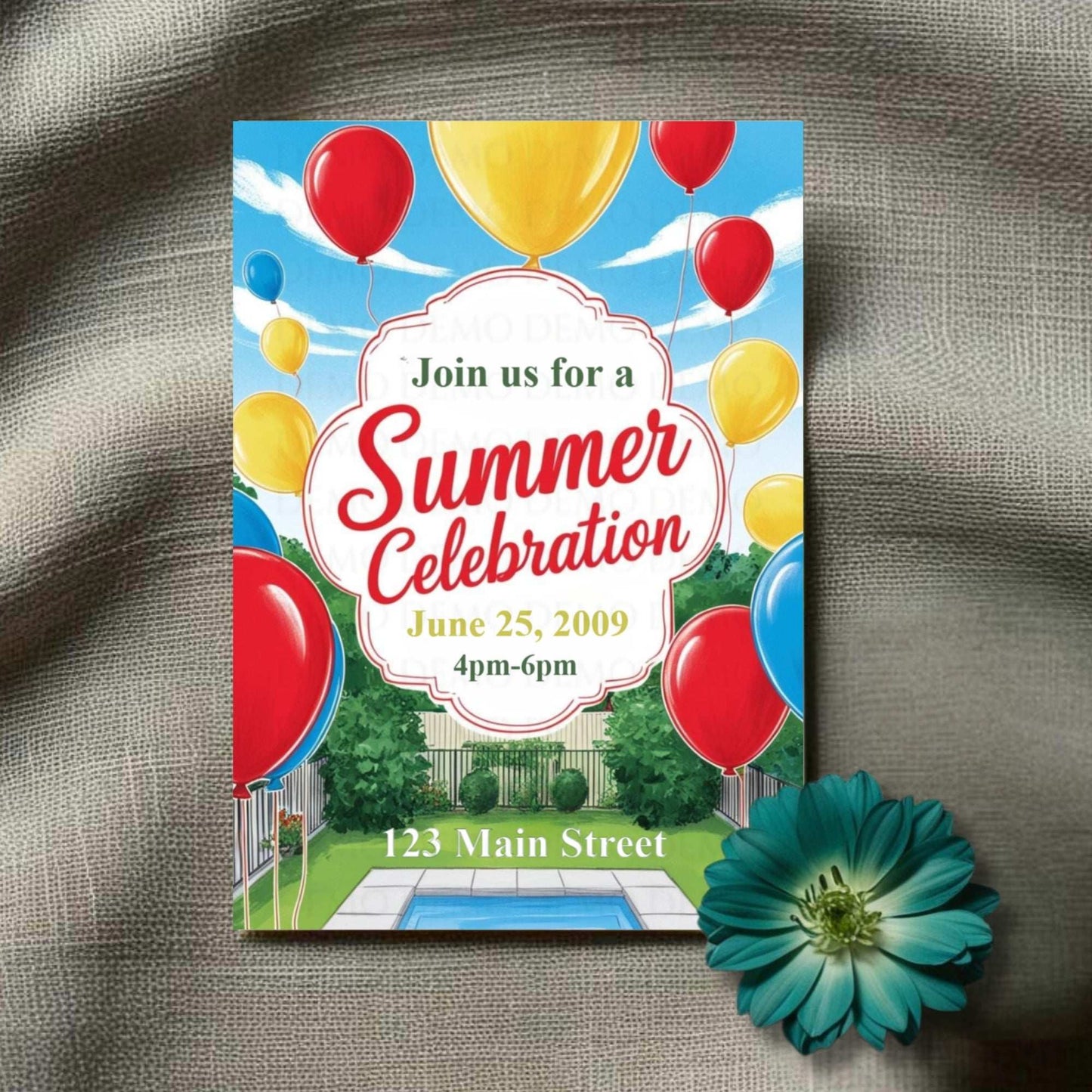 Summer celebration invitation with balloons on a textured surface with a flower.