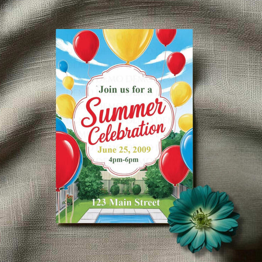 Summer celebration invitation with balloons on a textured surface with a flower.