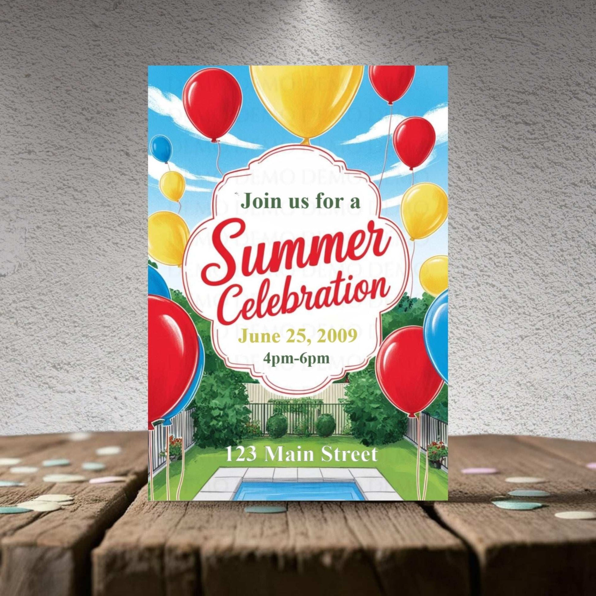 Summer celebration invitation with balloons on a wooden surface