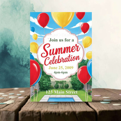Summer celebration invitation with balloons on a wooden surface